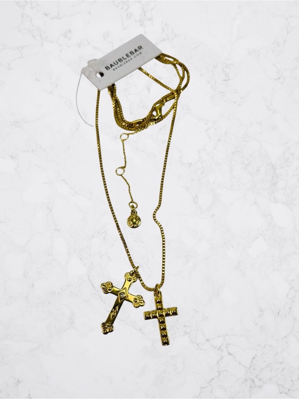 Baublebar Dual Cross Rhinestone Gold Tone Statement Necklace 28” Box Chain NWT - Picture 3 of 9